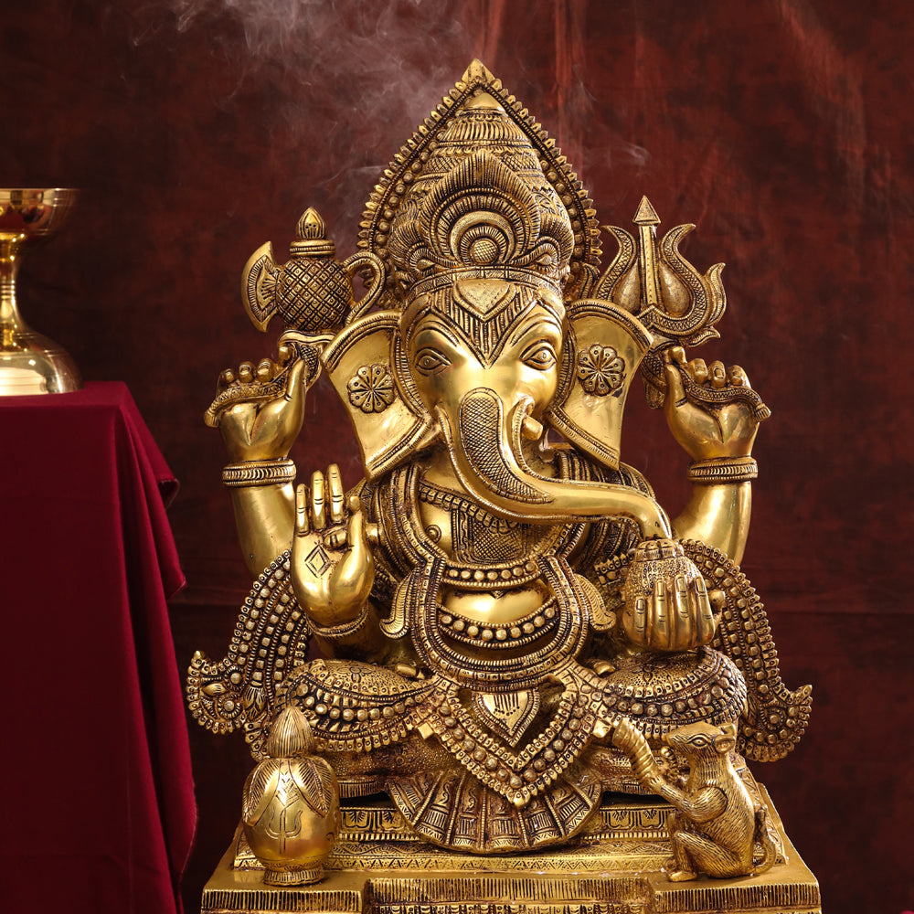 Brass Chowki Sitting Ganesha Statue (26 Inch) Vedansh Craft