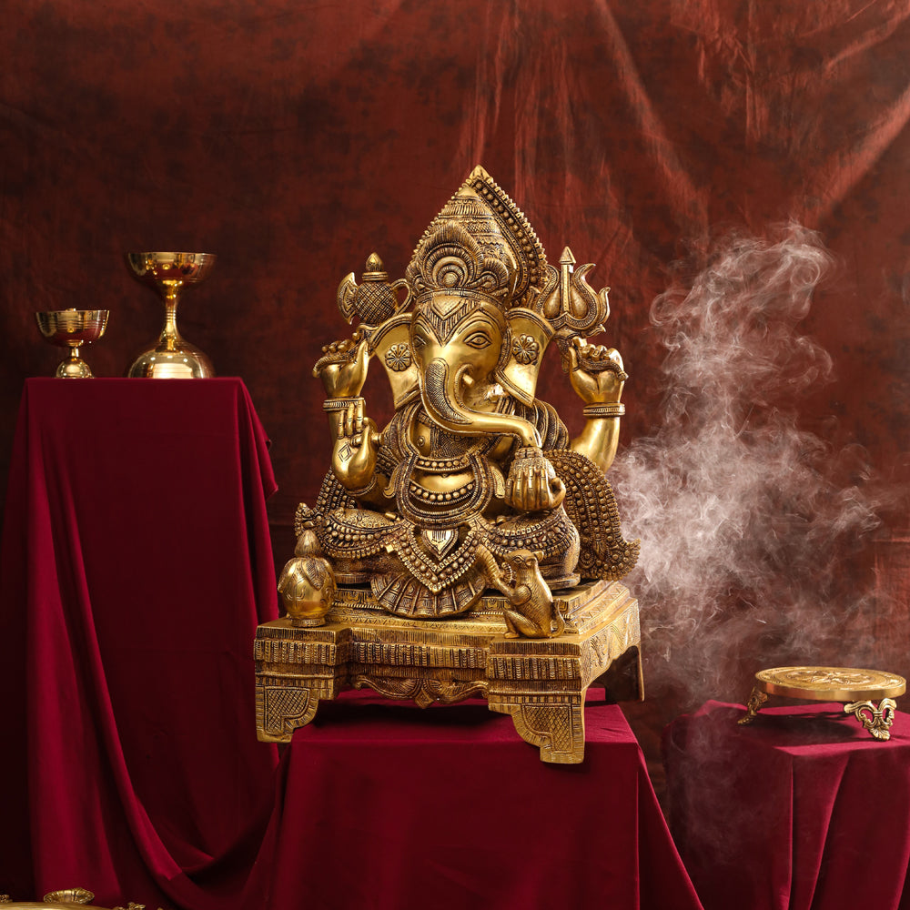 Brass Chowki Sitting Ganesha Statue (26 Inch) Vedansh Craft