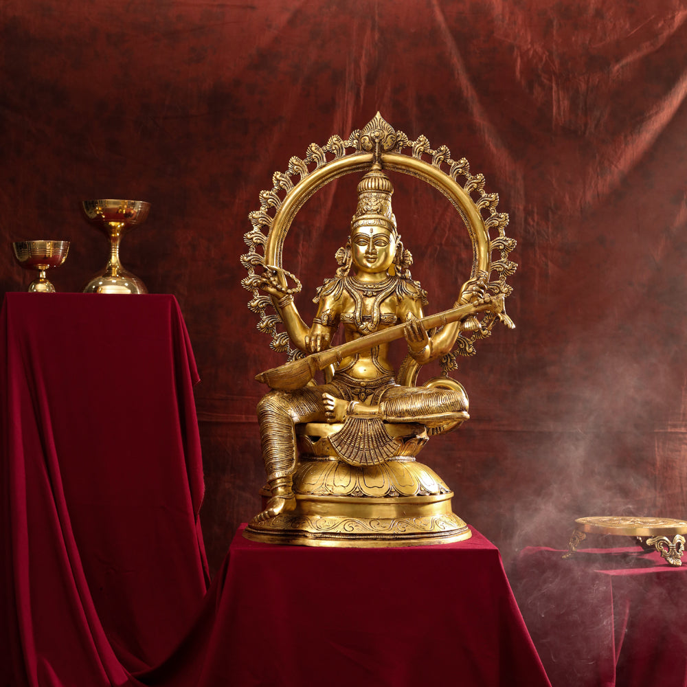 Brass Goddess Frame Sitting Saraswati Statue (27 Inch) Vedansh Craft