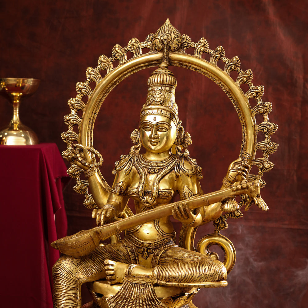 Brass Goddess Frame Sitting Saraswati Statue (27 Inch) Vedansh Craft