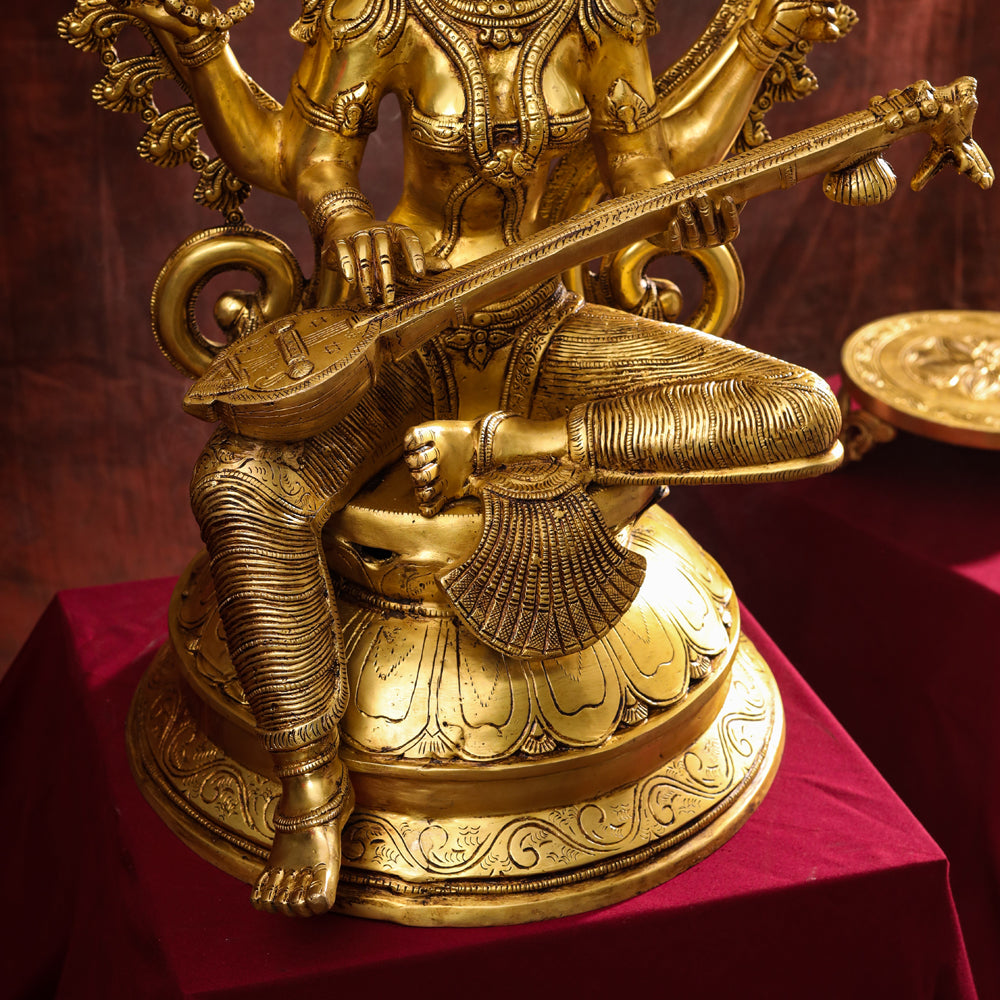 Brass Goddess Frame Sitting Saraswati Statue (27 Inch) Vedansh Craft