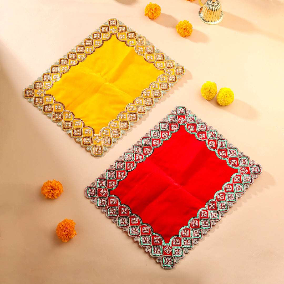 Sequin And Pearl Work Red Velvet God Pooja Asana Vedansh Craft