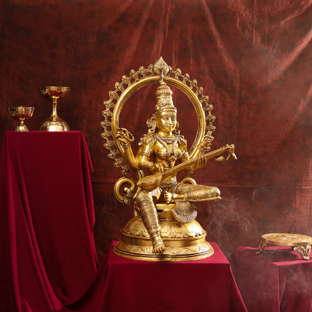 Brass Goddess Frame Sitting Saraswati Statue (27 Inch) Vedansh Craft