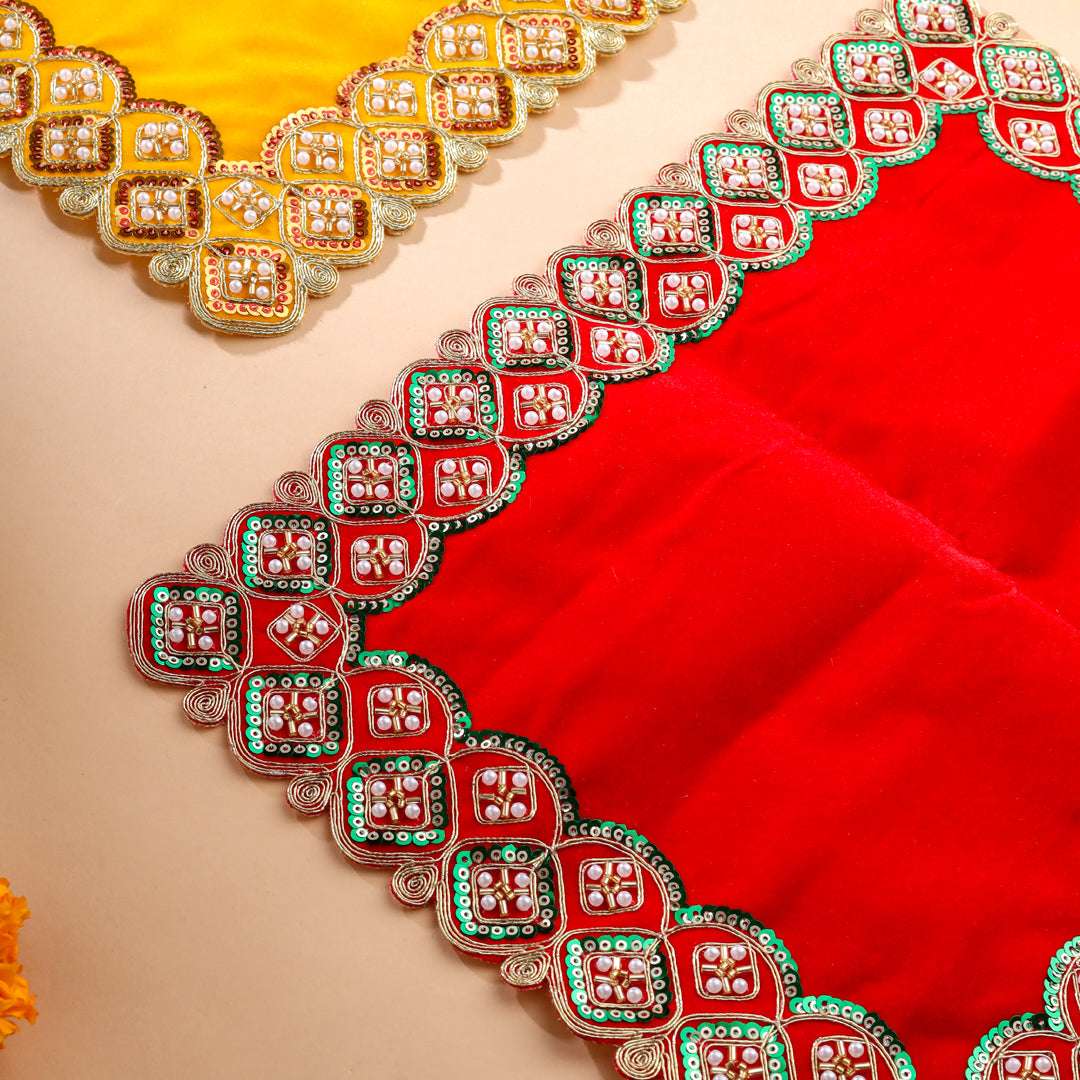 Sequin And Pearl Work Red Velvet God Pooja Asana Vedansh Craft