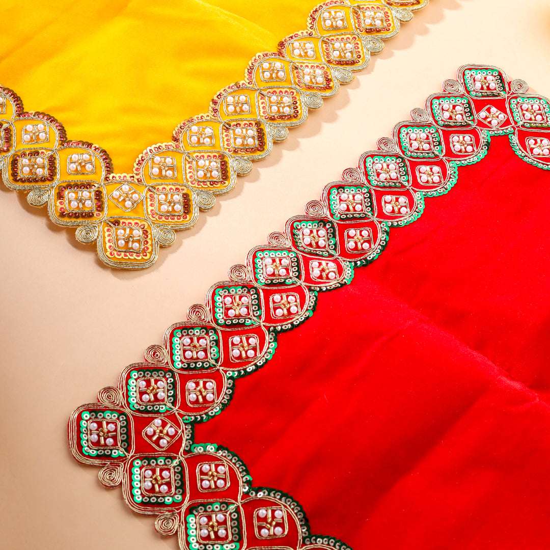 Sequin And Pearl Work Red Velvet God Pooja Asana Vedansh Craft