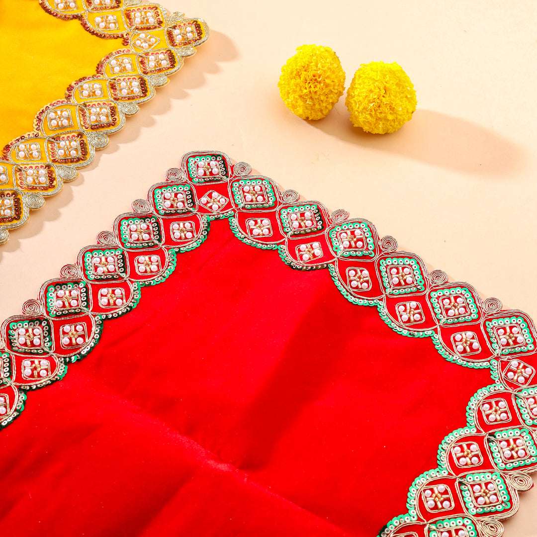 Sequin And Pearl Work Red Velvet God Pooja Asana Vedansh Craft