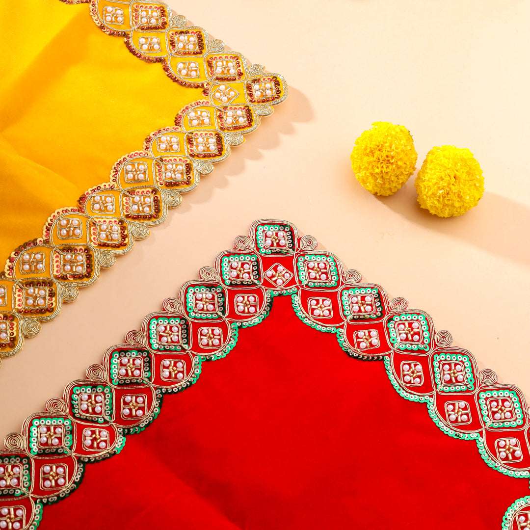 Sequin And Pearl Work Red Velvet God Pooja Asana Vedansh Craft