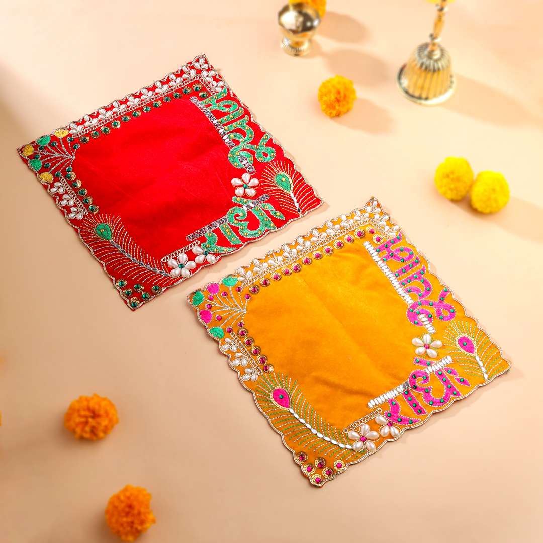 Radhe Shyam Pearl & Stone Work Velvet Pooja Asana Vedansh Craft