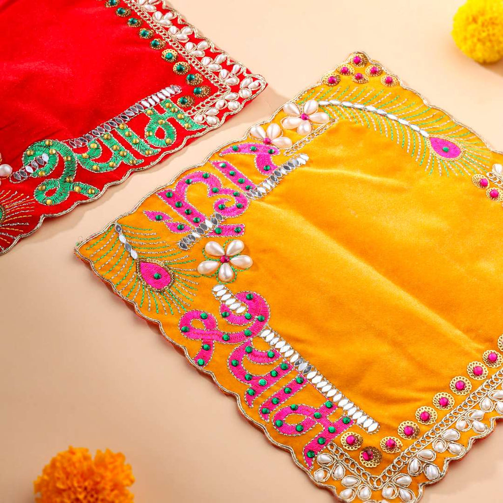 Radhe Shyam Pearl & Stone Work Velvet Pooja Asana Vedansh Craft
