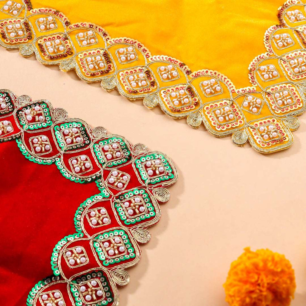 Sequin And Pearl Work Red Velvet God Pooja Asana Vedansh Craft