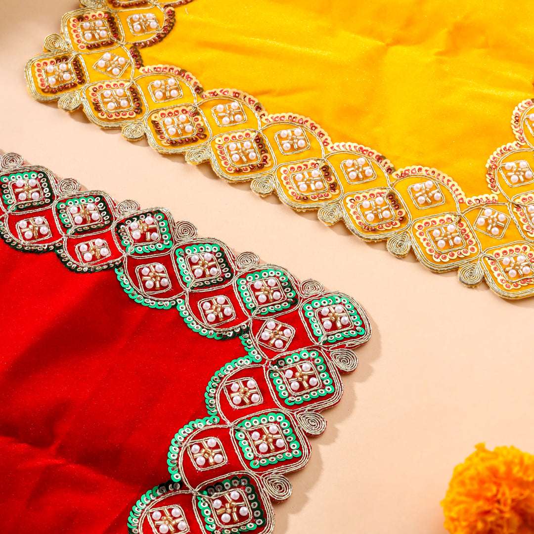 Sequin And Pearl Work Red Velvet God Pooja Asana Vedansh Craft