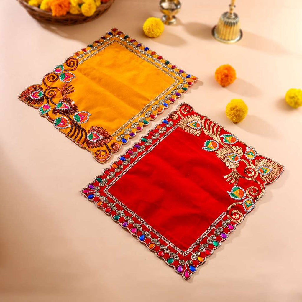 Stone And Sequin Work Red Velvet God Pooja Asana Vedansh Craft