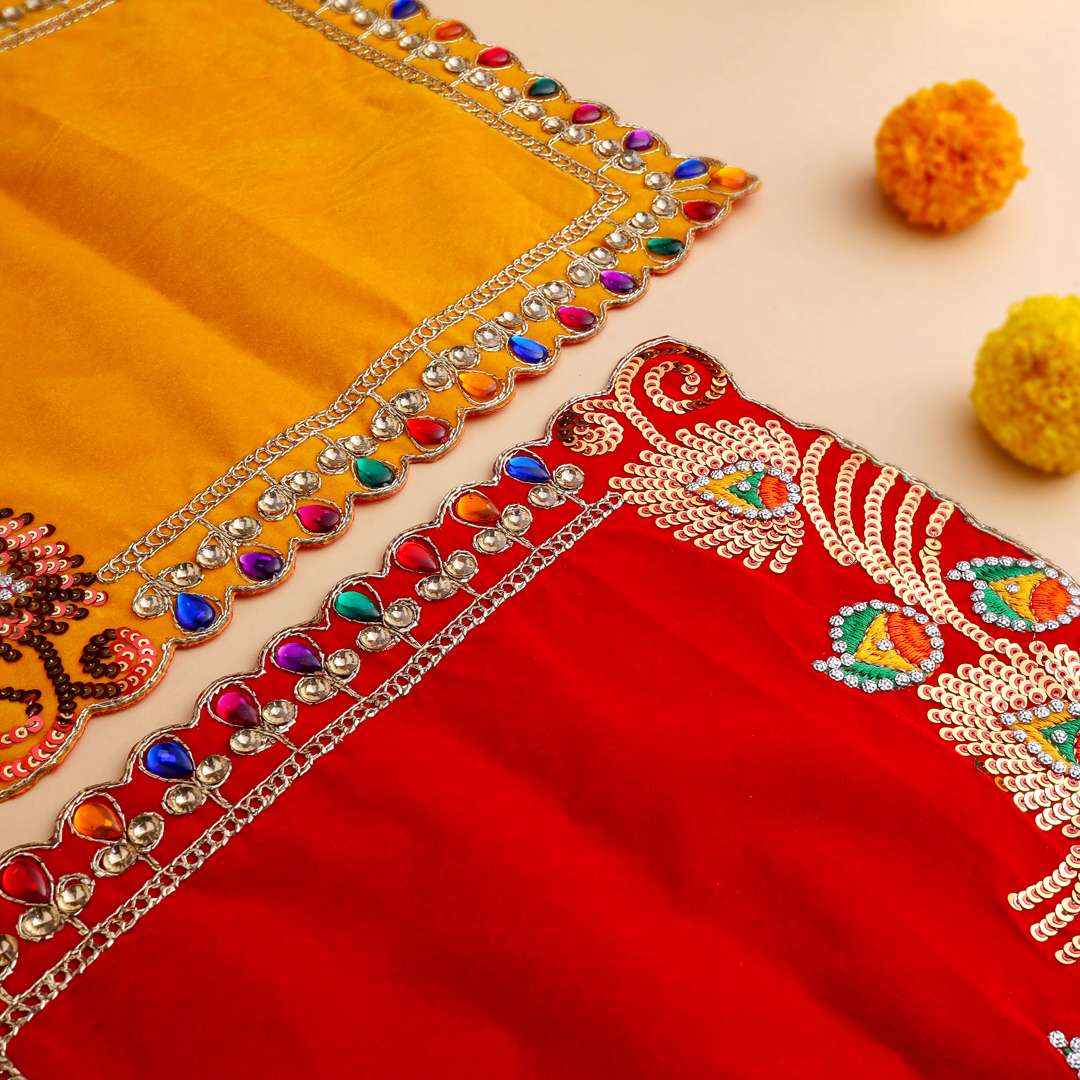 Stone And Sequin Work Red Velvet God Pooja Asana Vedansh Craft