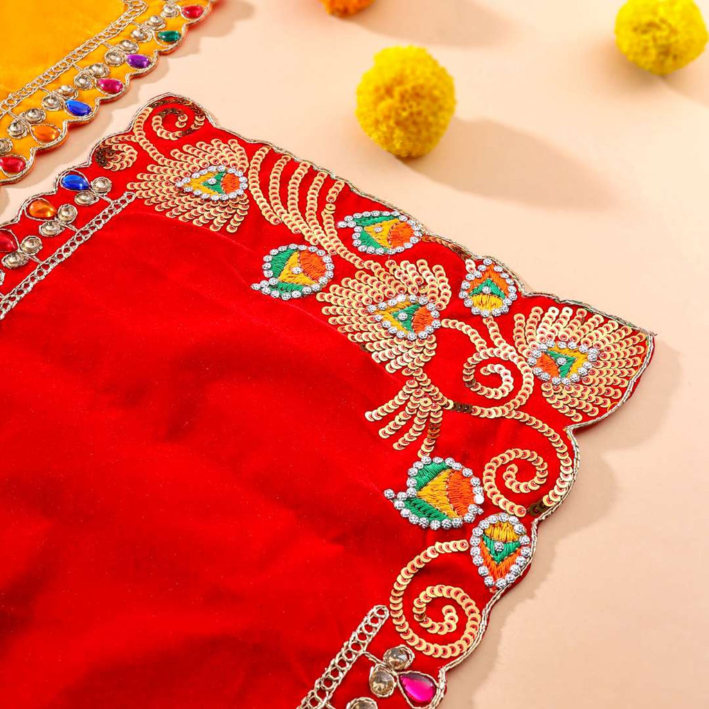 Stone And Sequin Work Red Velvet God Pooja Asana Vedansh Craft
