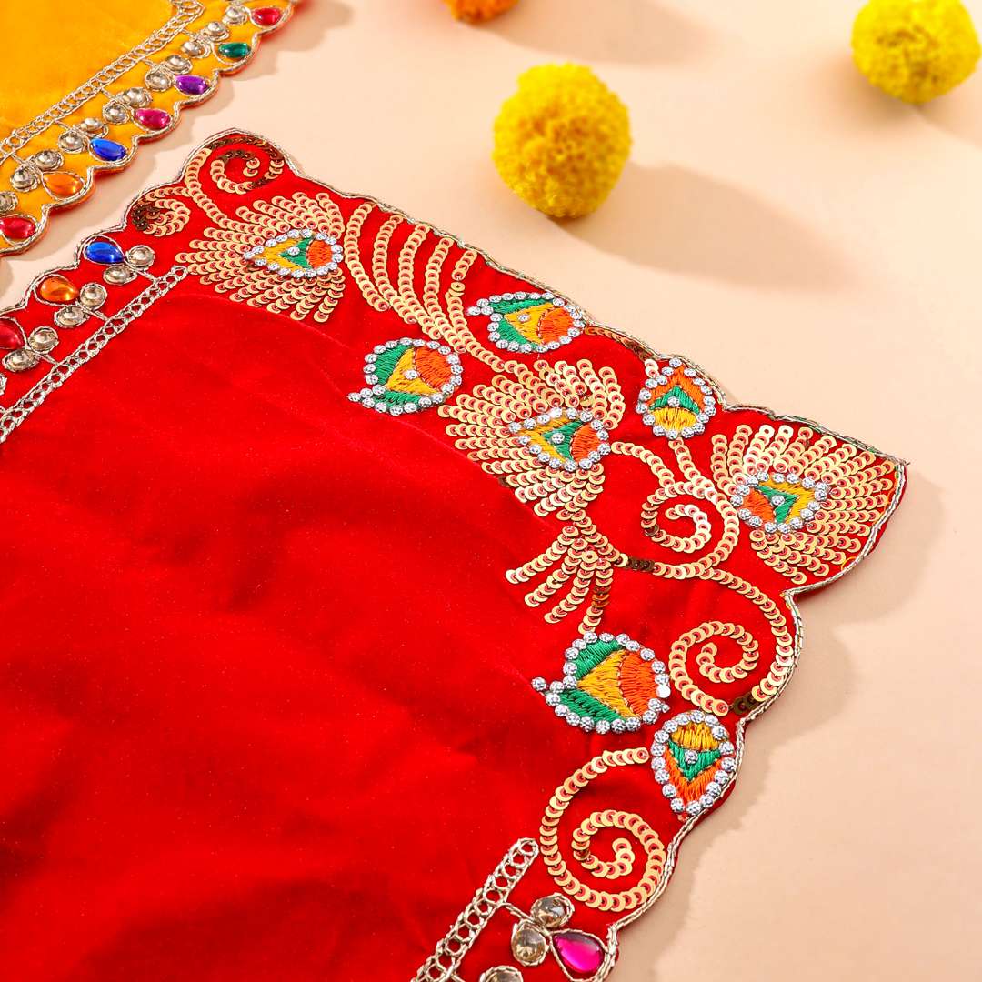 Stone And Sequin Work Red Velvet God Pooja Asana Vedansh Craft