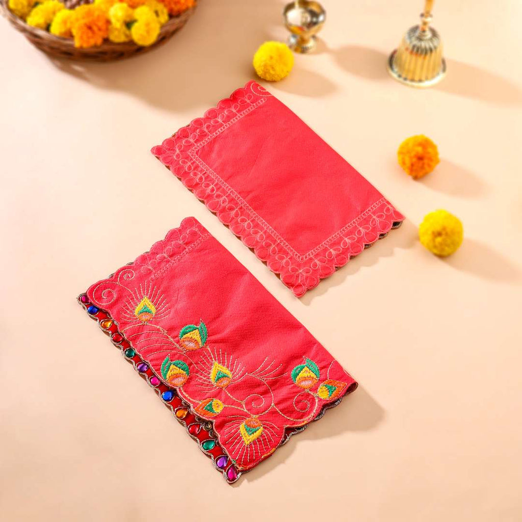 Stone And Sequin Work Red Velvet God Pooja Asana Vedansh Craft