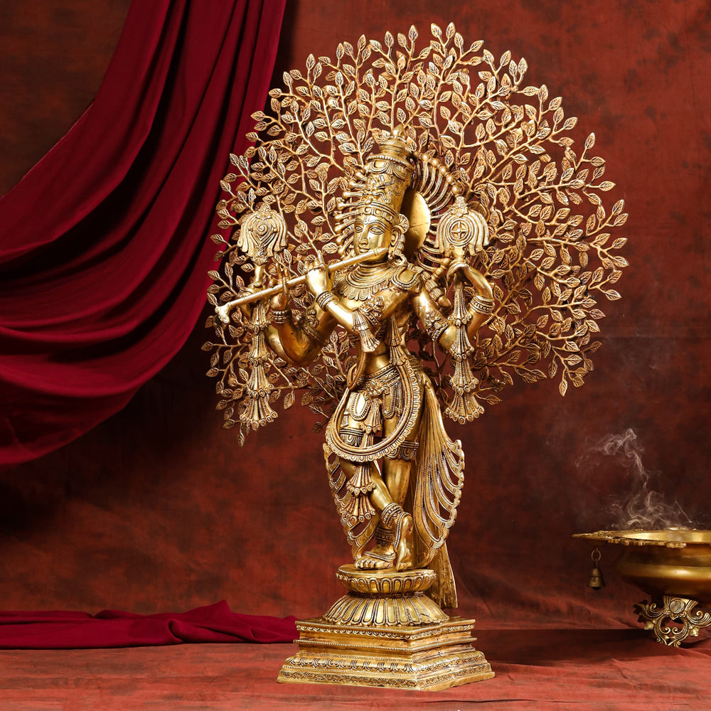 Brass Standing Lord Krishna Statue With Tree (38 Inch) Vedansh Craft