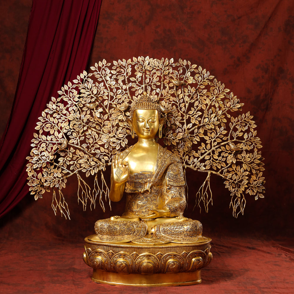 Brass Home Decor Buddha Statue With Tree (42 Inch) Vedansh Craft