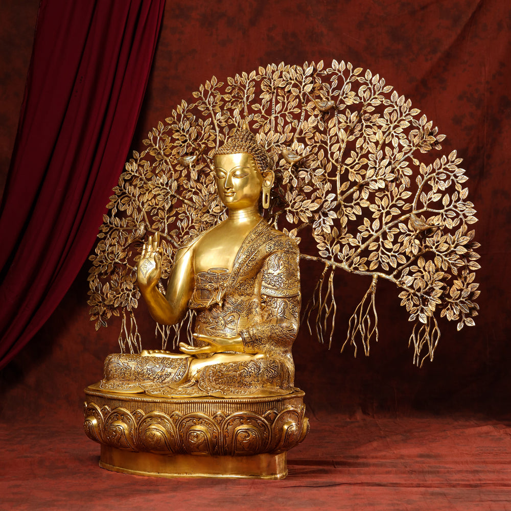 Brass Home Decor Buddha Statue With Tree (42 Inch) Vedansh Craft