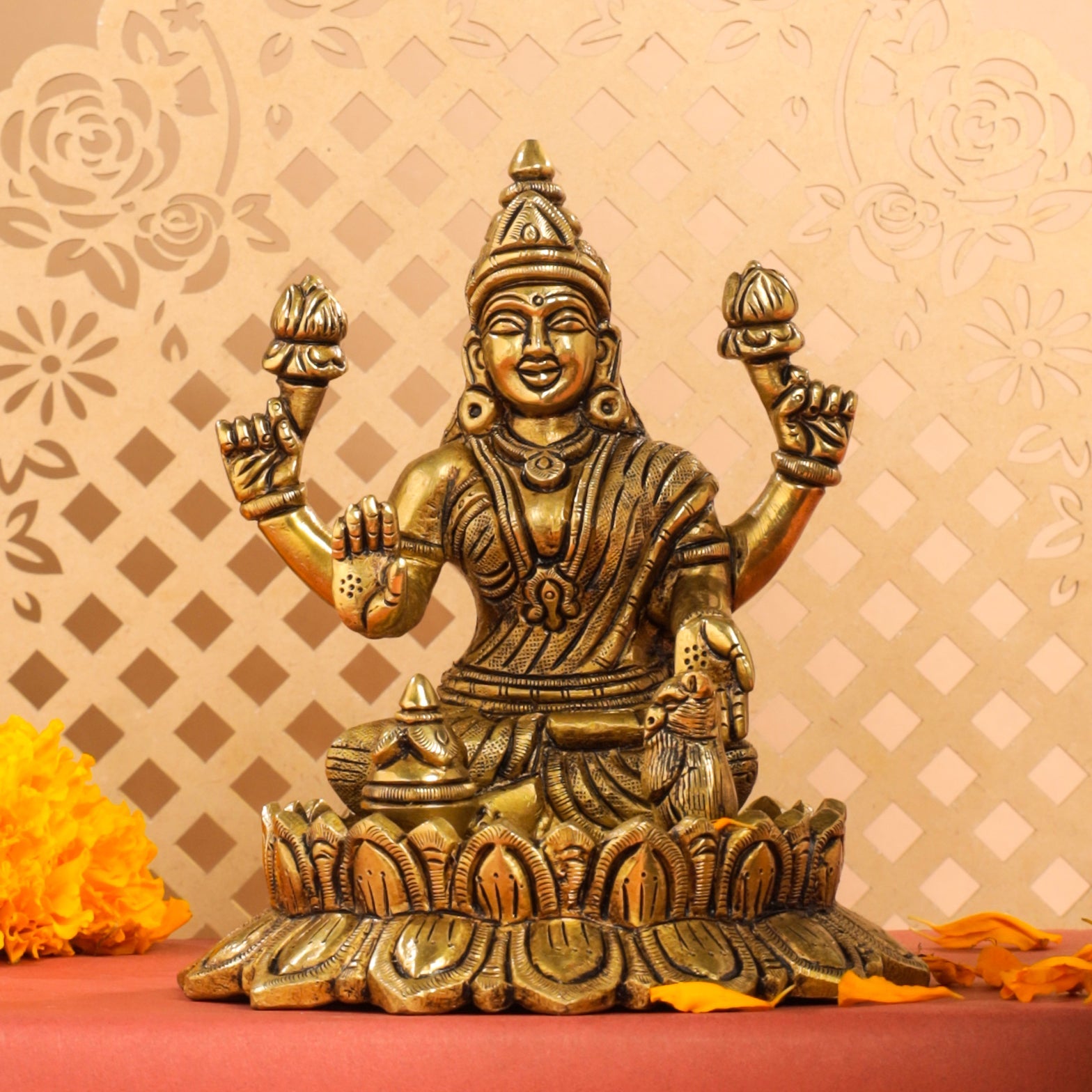 Brass Superfine Lotus Goddess Sitting Lakshmi Idol (5.5 Inch) Vedansh Craft