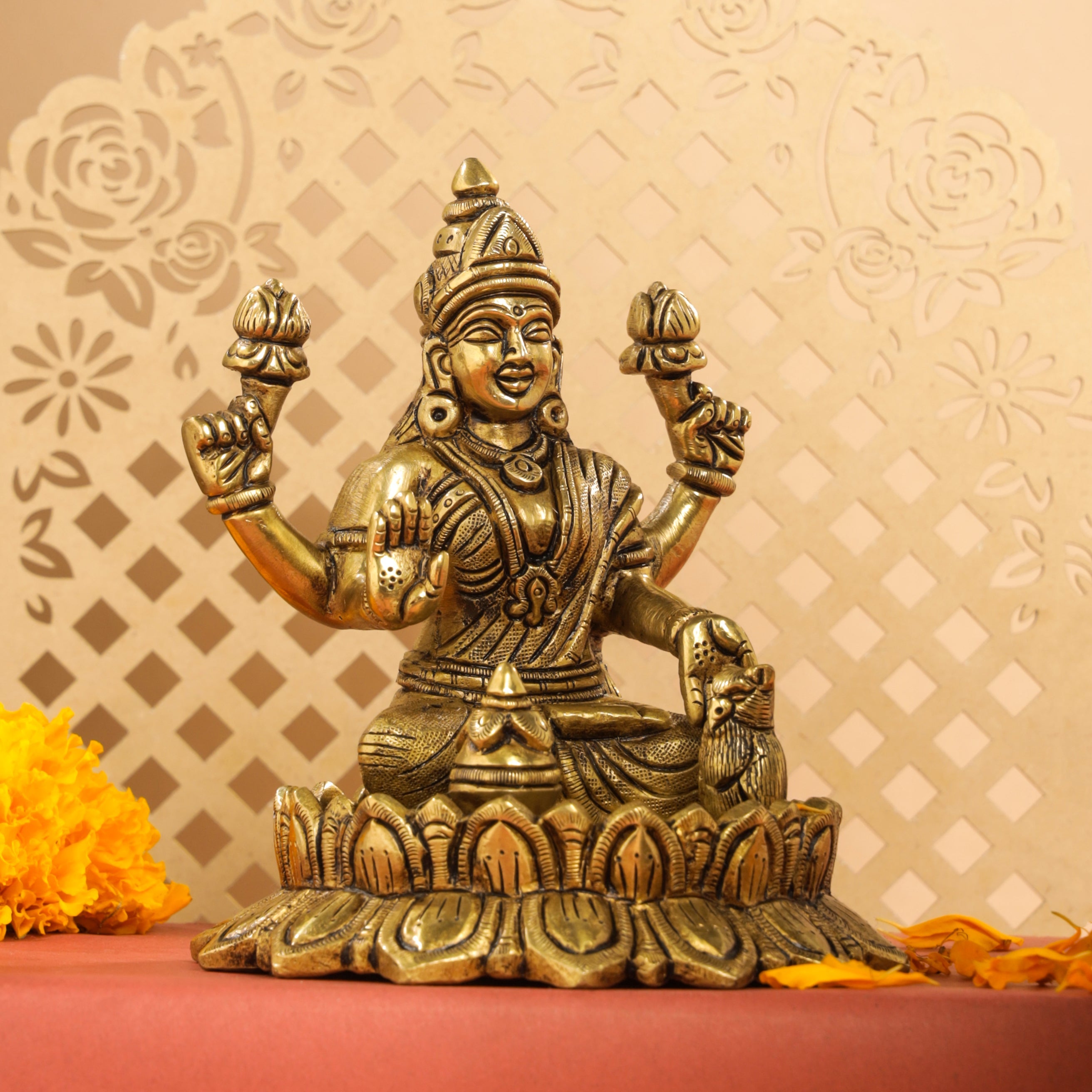 Brass Superfine Lotus Goddess Sitting Lakshmi Idol (5.5 Inch) Vedansh Craft