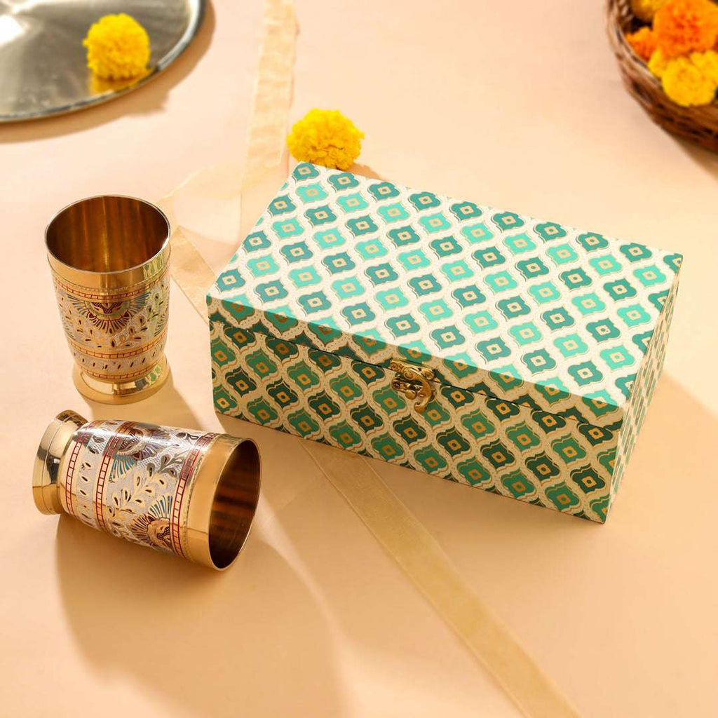 Brass Hand Painted Glass Pair House Warming Box Hamper Vedansh Craft
