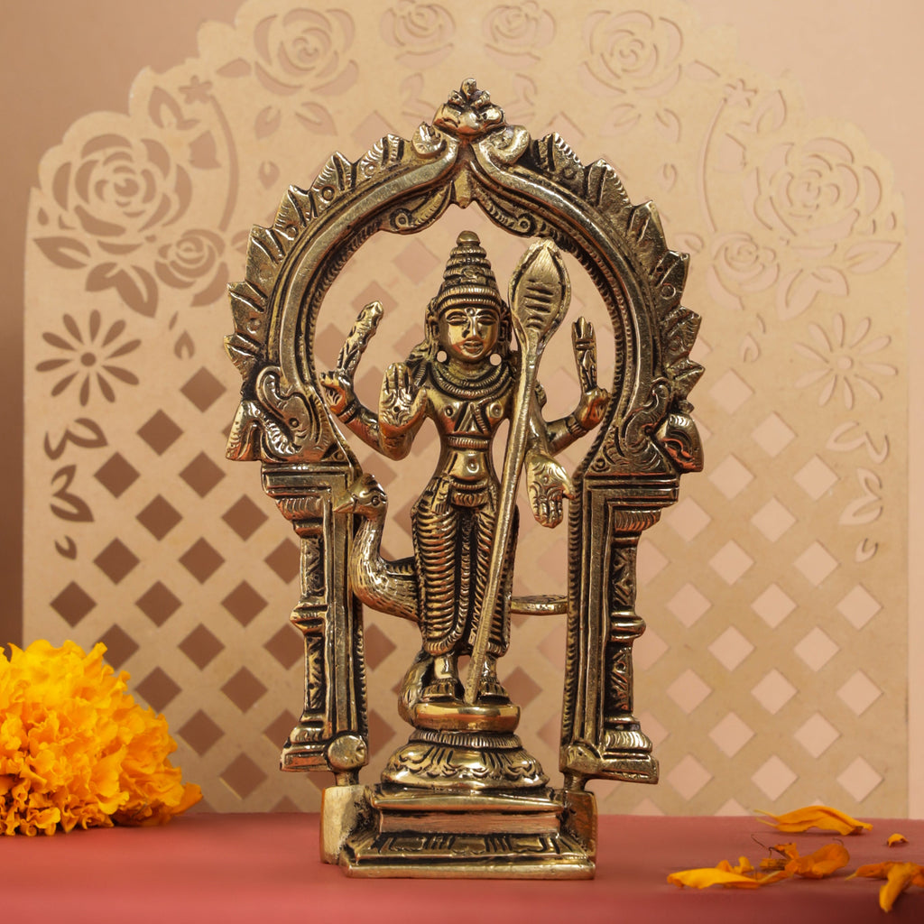 Brass Standing Lord Murugan/Kartikeya Frame Idol (6.5 Inch) Vedansh Craft