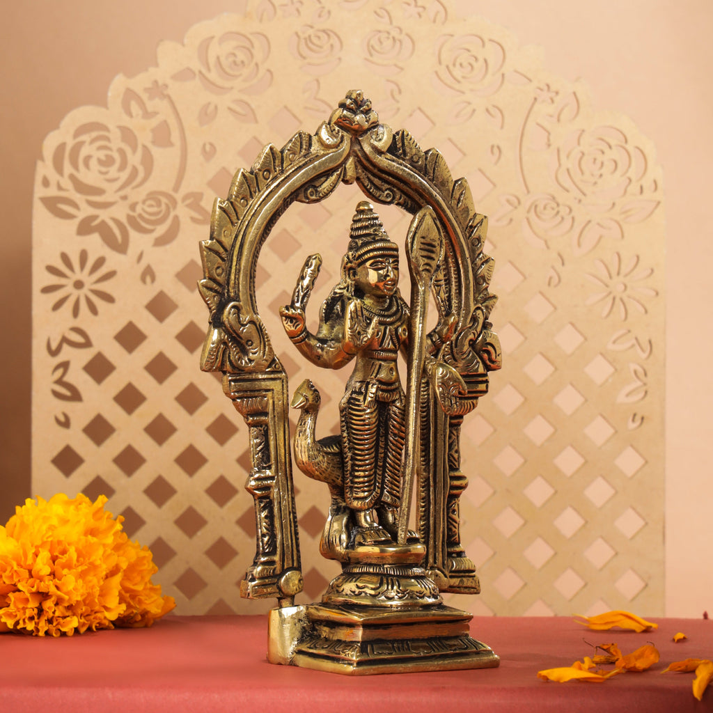 Brass Standing Lord Murugan/Kartikeya Frame Idol (6.5 Inch) Vedansh Craft