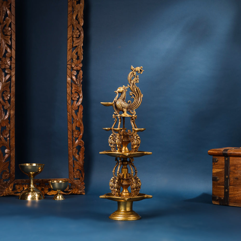 Brass Superfine Peacock Long Lamp (27 Inch) Vedansh Craft