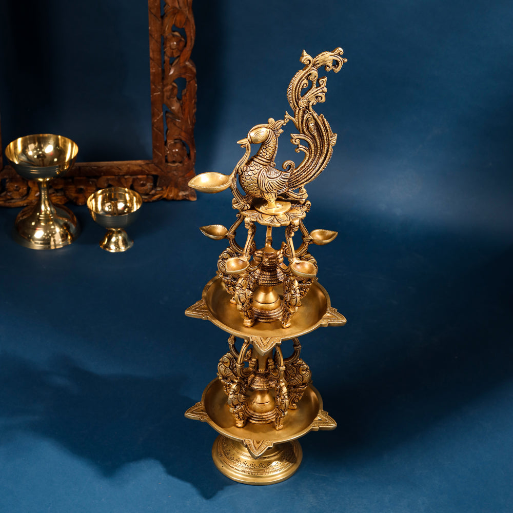 Brass Superfine Peacock Long Lamp (27 Inch) Vedansh Craft