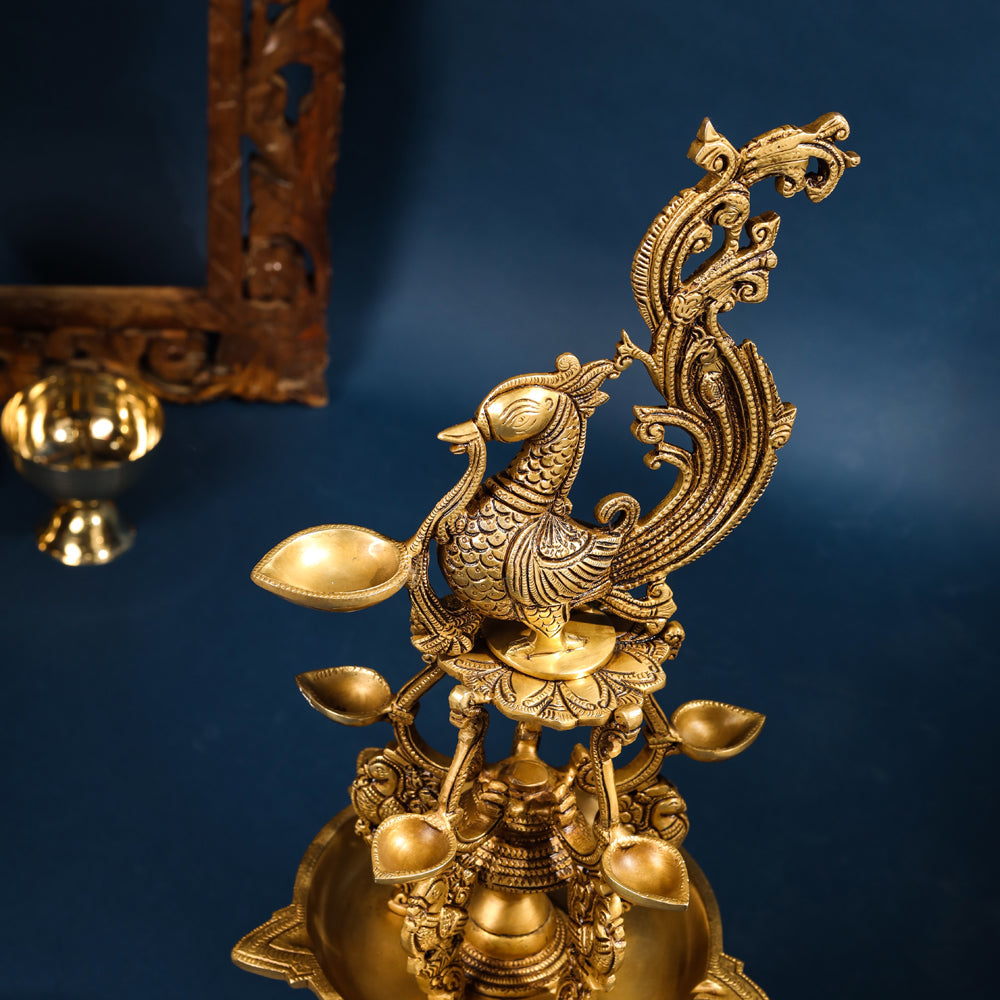 Brass Superfine Peacock Long Lamp (27 Inch) Vedansh Craft