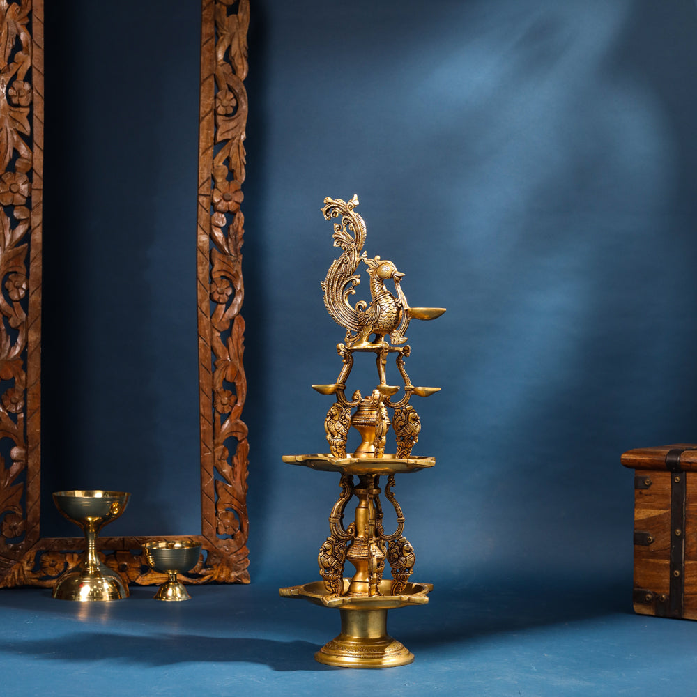 Brass Superfine Peacock Long Lamp (27 Inch) Vedansh Craft
