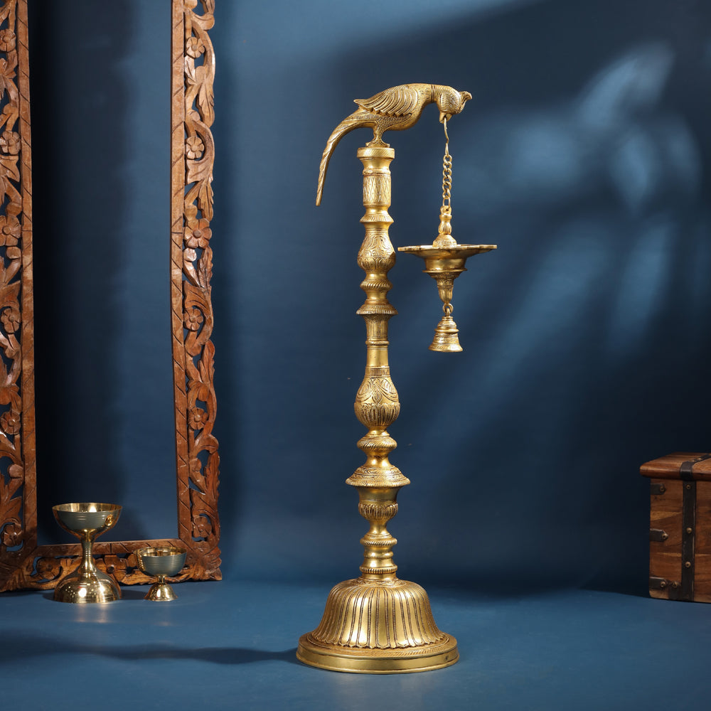 Brass Parrot Lamp With Bell (40 Inch) Vedansh Craft