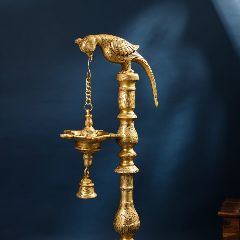 Brass Parrot Lamp With Bell (40 Inch) Vedansh Craft