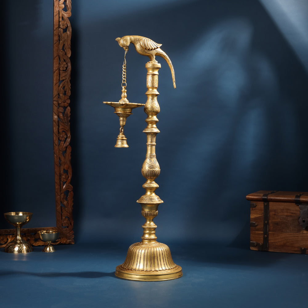 Brass Parrot Lamp With Bell (40 Inch) Vedansh Craft