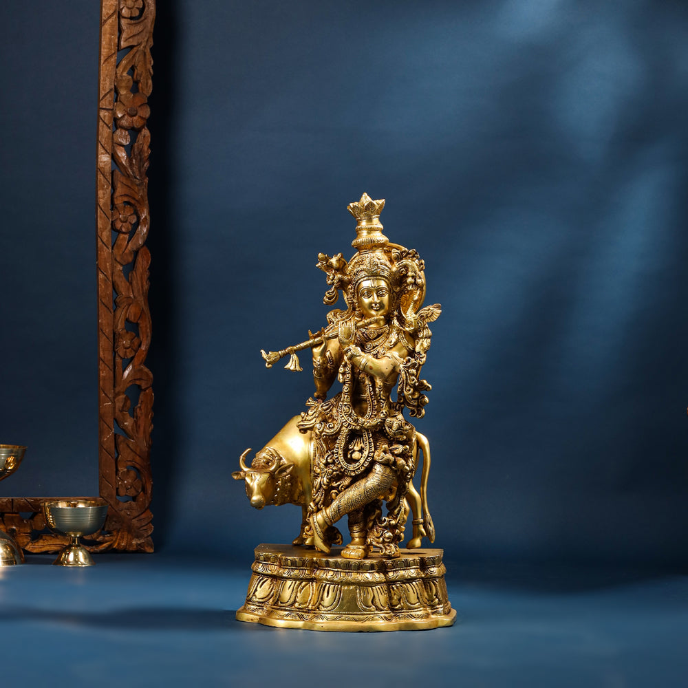 Brass Standing Krishna Idol With Cow (23 Inch) Vedansh Craft