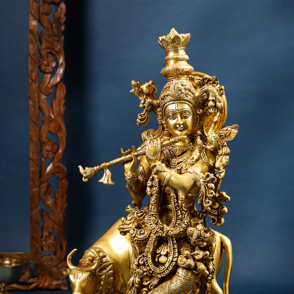 Brass Standing Krishna Idol With Cow (23 Inch) Vedansh Craft