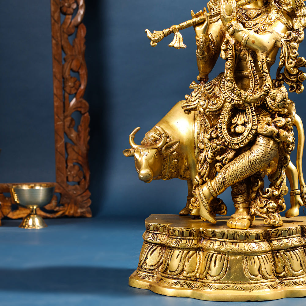 Brass Standing Krishna Idol With Cow (23 Inch) Vedansh Craft