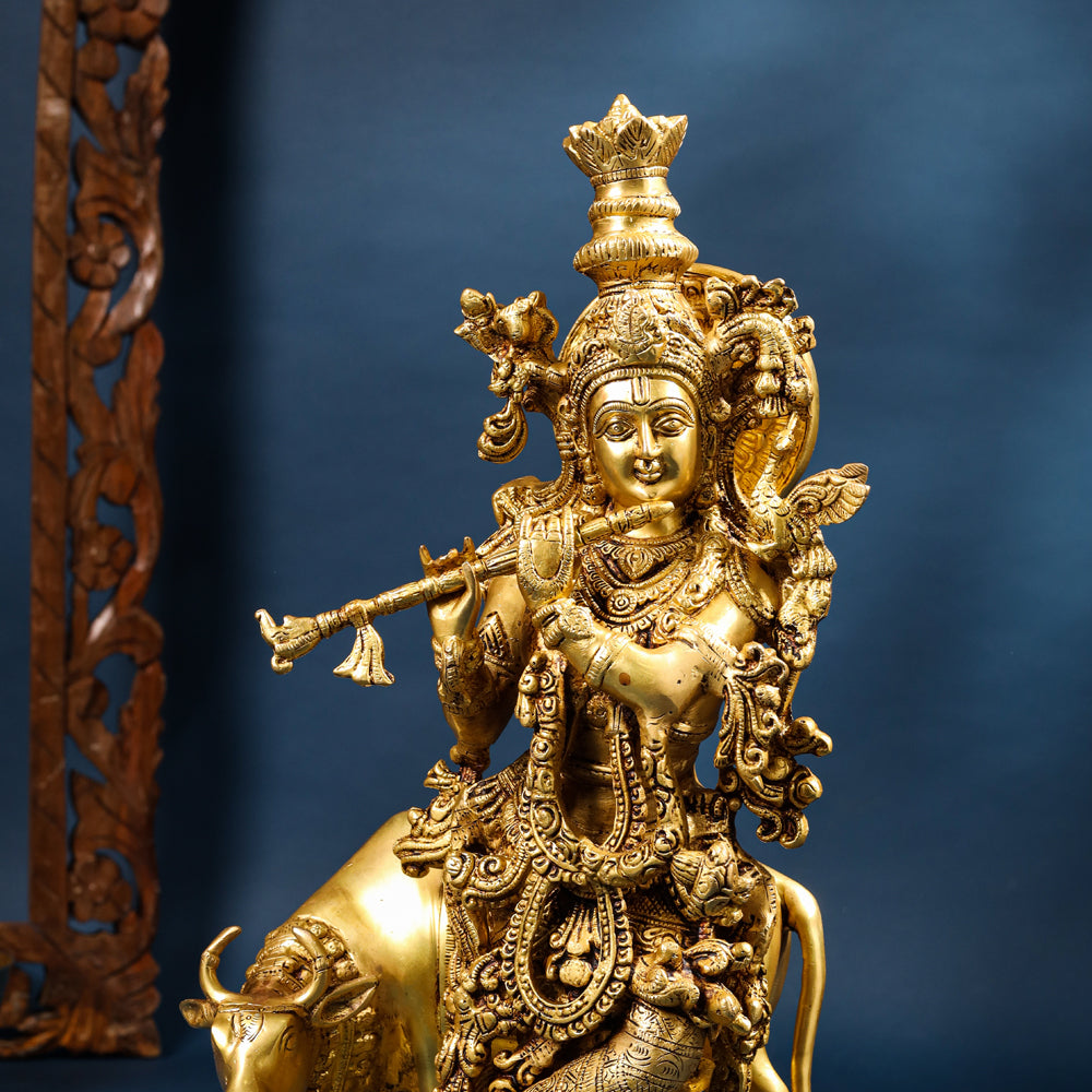 Brass Standing Krishna Idol With Cow (23 Inch) Vedansh Craft