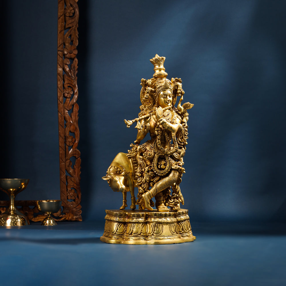 Brass Standing Krishna Idol With Cow (23 Inch) Vedansh Craft