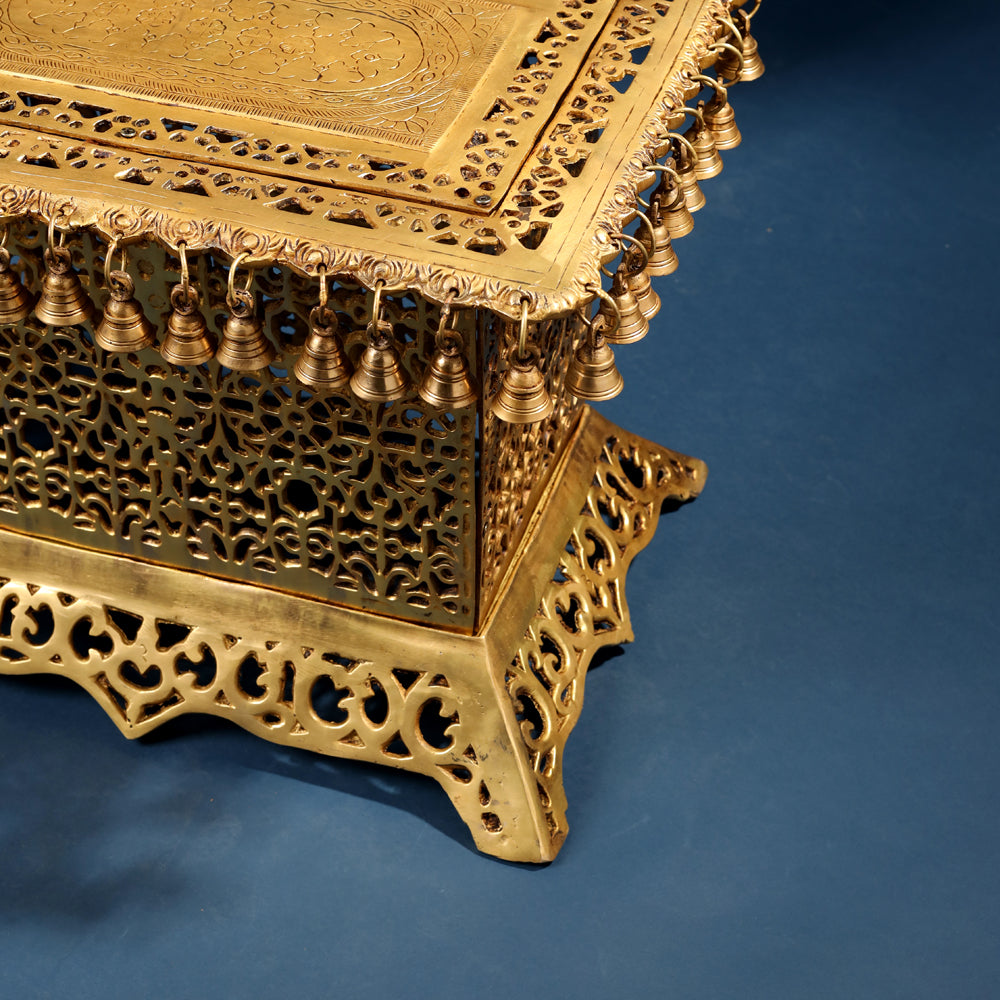 Brass Pooja Stool with Hanging Bells – Traditional & Ornate Design (15 Inch) Vedansh Craft