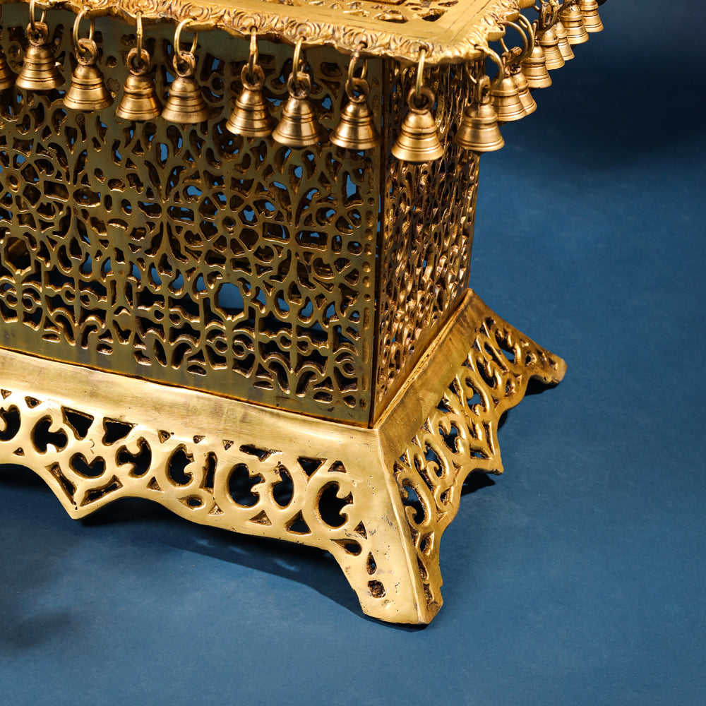 Brass Pooja Stool with Hanging Bells – Traditional & Ornate Design (15 Inch) Vedansh Craft
