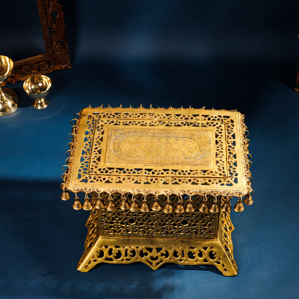 Brass Pooja Stool with Hanging Bells – Traditional & Ornate Design (15 Inch) Vedansh Craft