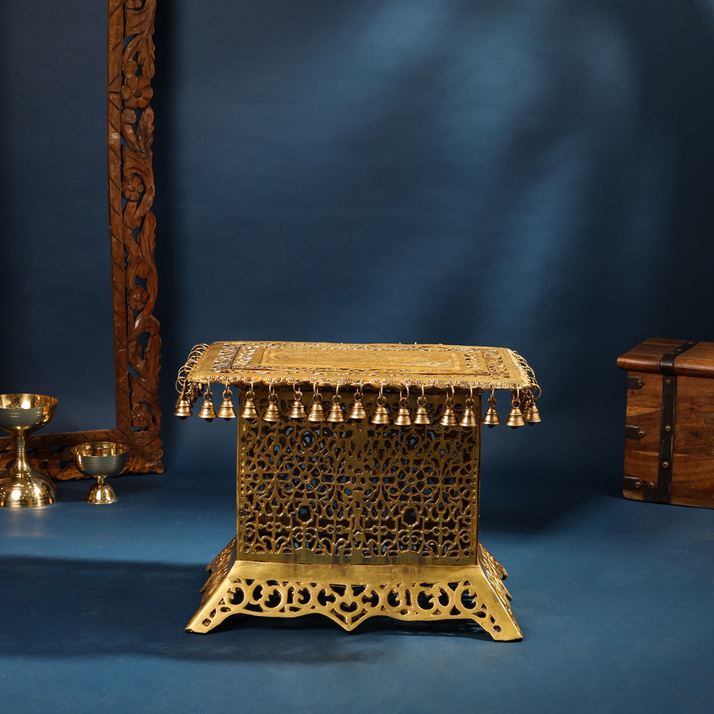 Brass Pooja Stool with Hanging Bells – Traditional & Ornate Design (15 Inch) Vedansh Craft