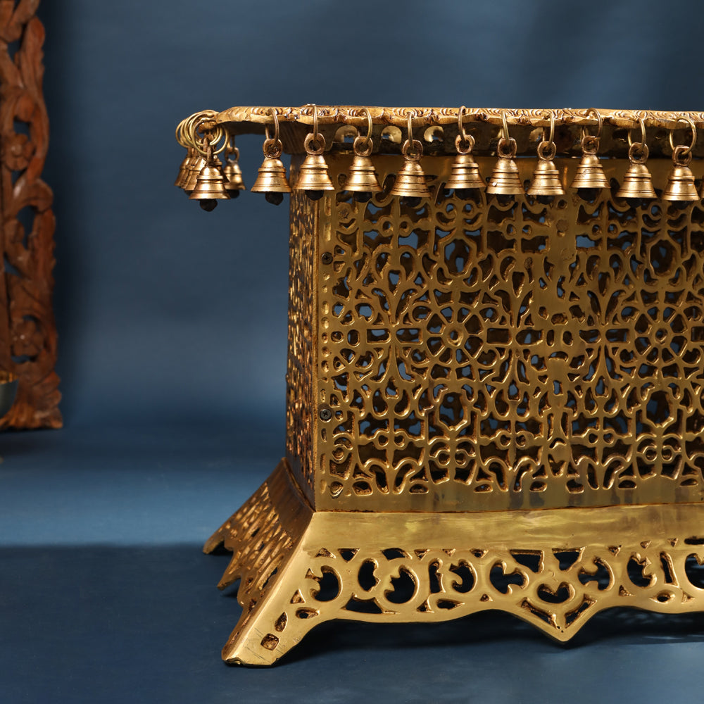 Brass Pooja Stool with Hanging Bells – Traditional & Ornate Design (15 Inch) Vedansh Craft