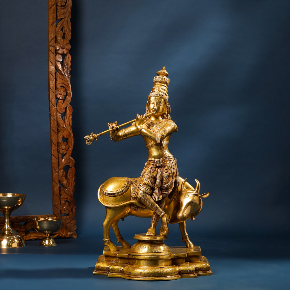 Brass Standing Superfine Krishna Idol With Cow (26 Inch) Vedansh Craft
