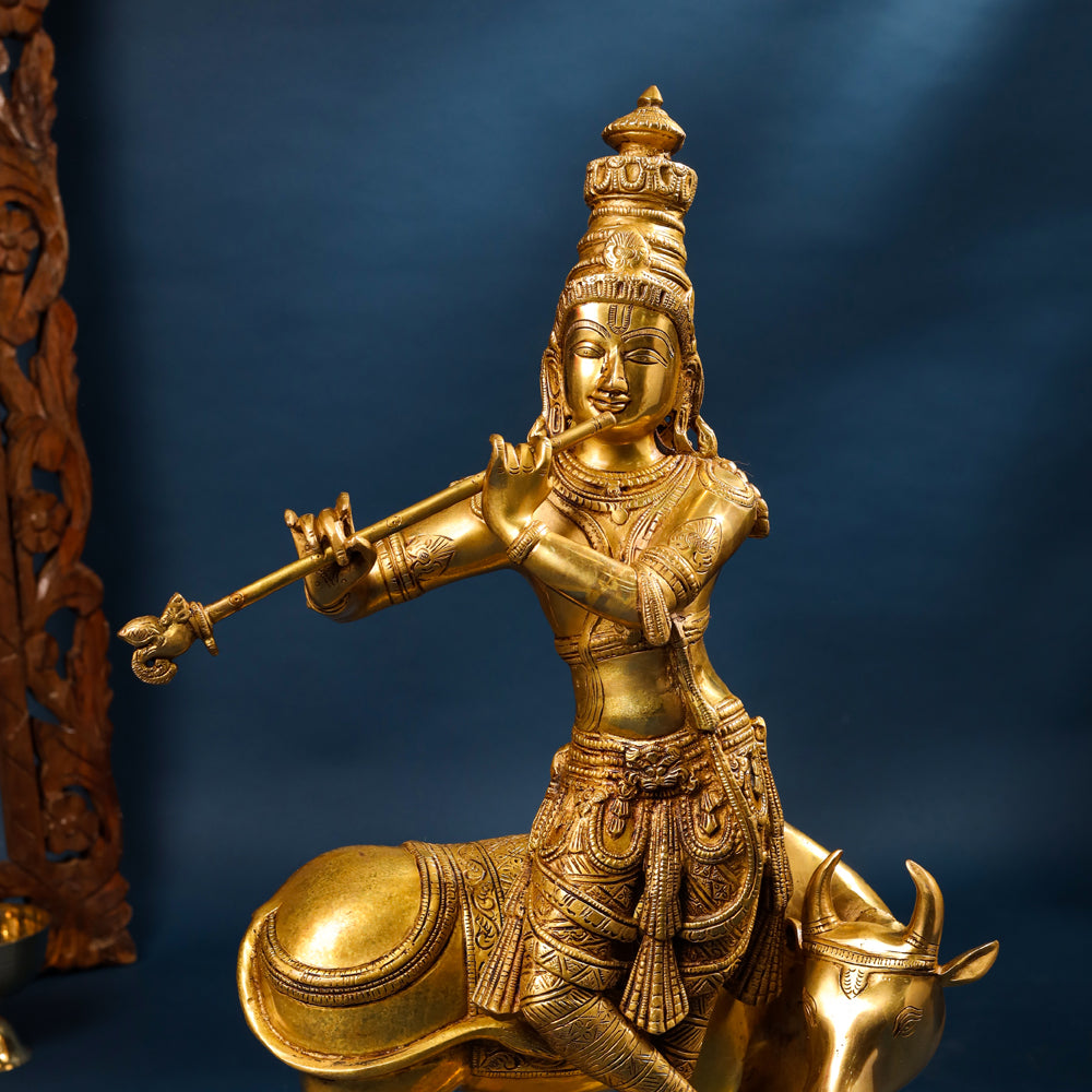 Brass Standing Superfine Krishna Idol With Cow (26 Inch) Vedansh Craft