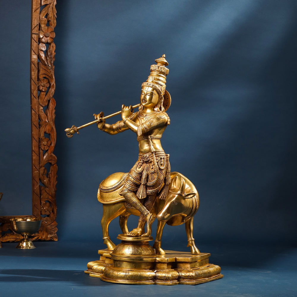 Brass Standing Superfine Krishna Idol With Cow (26 Inch) Vedansh Craft