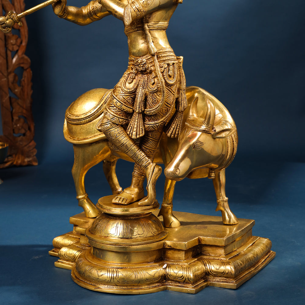 Brass Standing Superfine Krishna Idol With Cow (26 Inch) Vedansh Craft