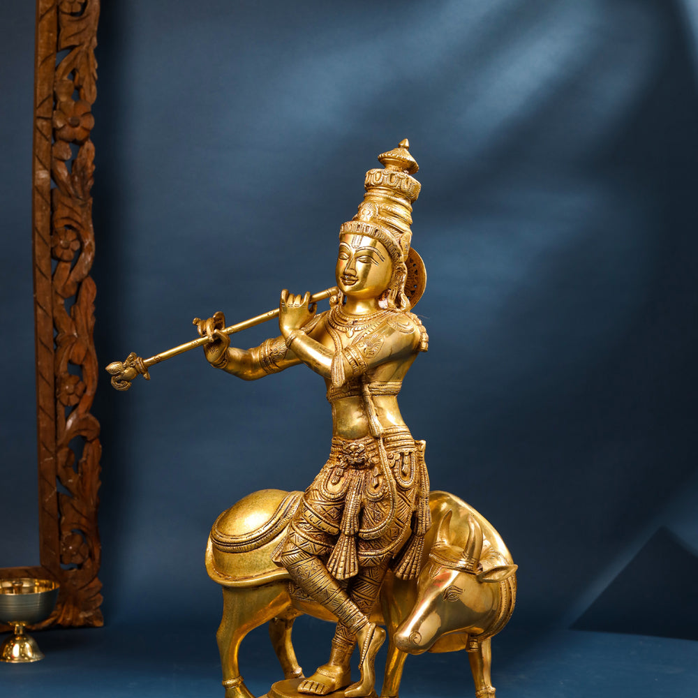 Brass Standing Superfine Krishna Idol With Cow (26 Inch) Vedansh Craft
